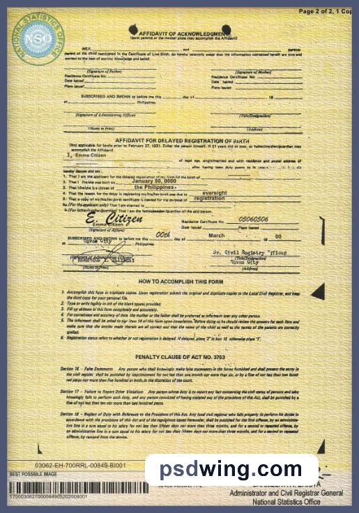Philippines Birth Certificate PSD Template